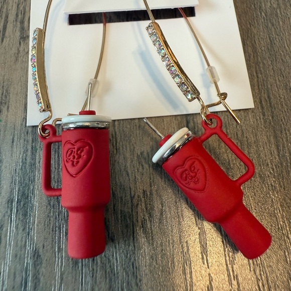 Betsey Johnson Red Tumbler Cup Leverback Rhinestone Earrings NWT Coffee Fun - Picture 2 of 5